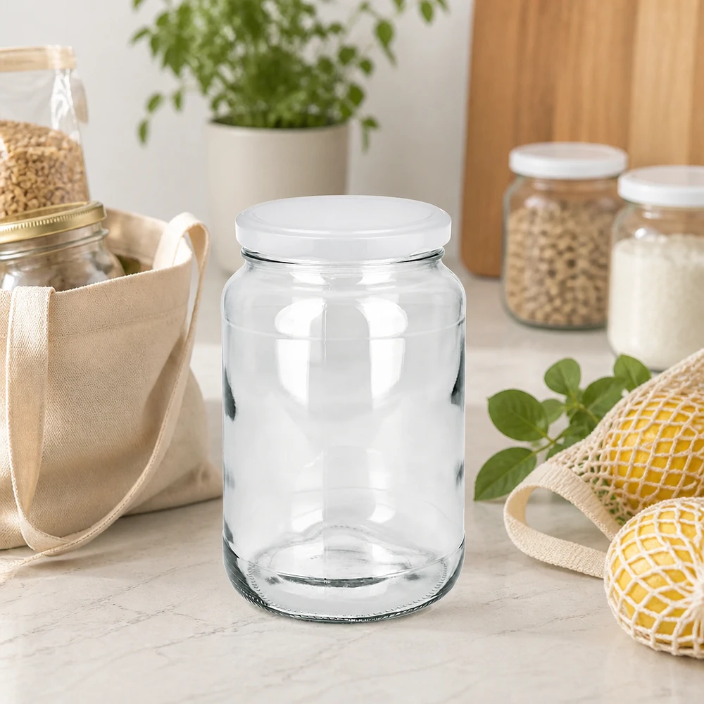 Bocal rond de 1700ml avec couvercle BasicSeal dans la cuisine durable Zero-Waste avec sacs Mesh et bocaux à provisions