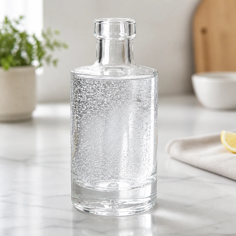 Bouteille en verre de 200 ml Marie remplie d'eau gazeuse sur un comptoir en marbre cuisine moderne Bouteille d'eau Lifestyle Scénario