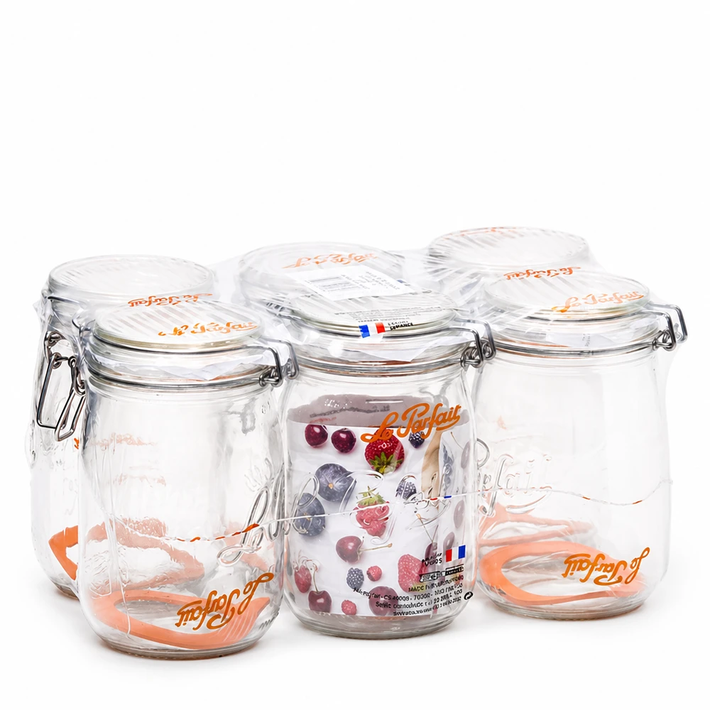 Bocal Le Parfait® 1 L Ø85 mm conserve Le Parfait Bocal à provisions Super 1000ml avec fermeture à étrier Set de 4 pièces en verre clair made in France