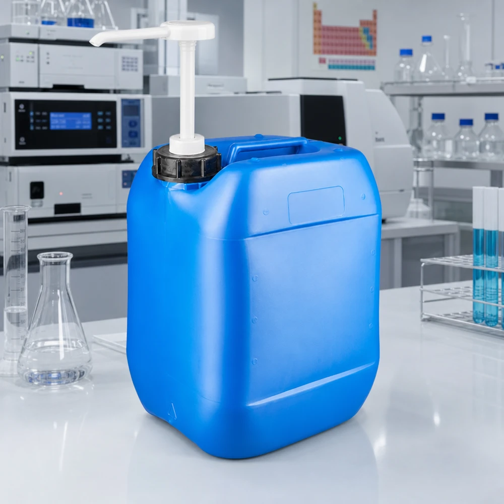 Bidon en plastique bleu de 10 litres avec pompe de prélèvement, destiné à un environnement de laboratoire professionnel