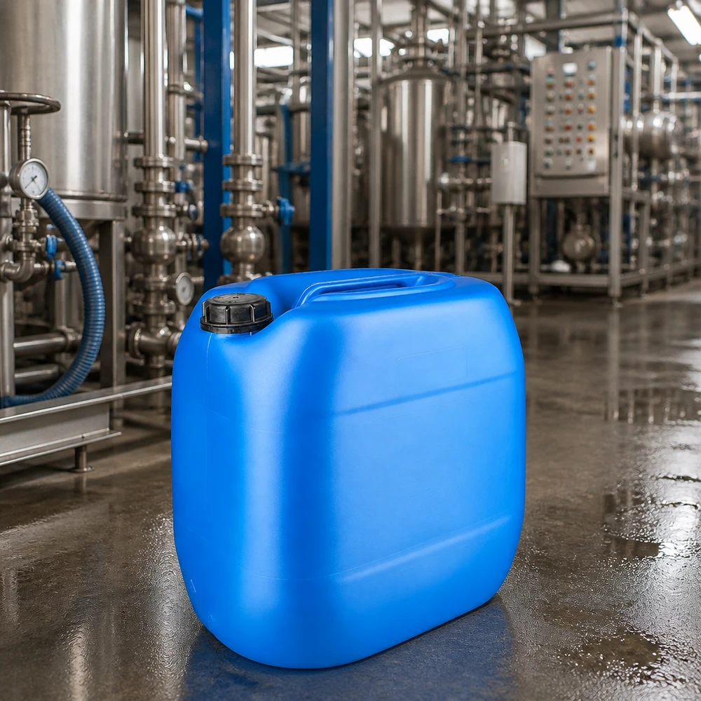 Bidon 30 litres bleu avec bouchon à vis OV Bidon rectangulaire bleu de 30 litres, muni d'une poignée encastrée et d'un bouchon à vis OV, posé sur un sol industriel