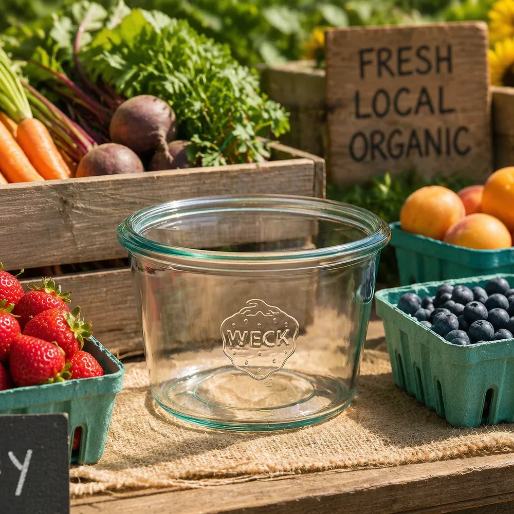 WECK Verre renversé 370ml RR100 sur table en bois avec fruits frais bio Fraises Myrtilles et légumes