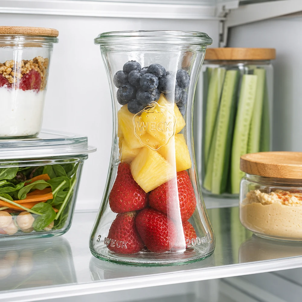 WECK RR60 Pot de délicatesse 200ml avec des fruits frais dans le réfrigérateur à côté des bocaux à provisions Meal-Prep avec salade