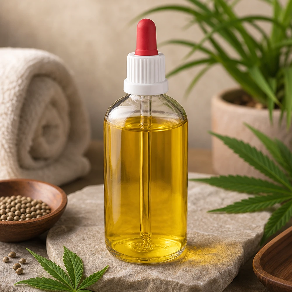 Flacon compte-gouttes d'huile de CBD de 100 ml en verre transparent avec compte-gouttes rouge, pour les cosmétiques naturels et l'aromathérapie