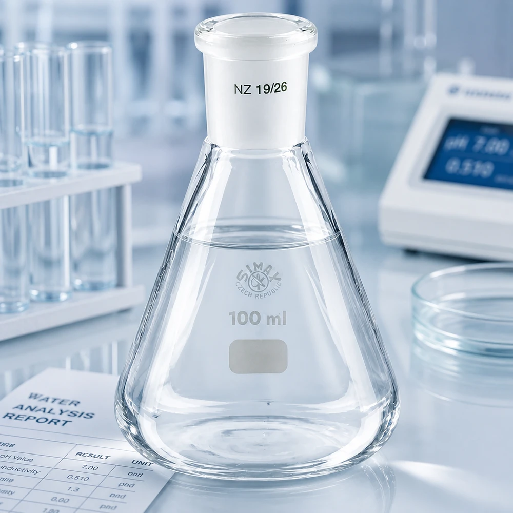 Erlenmeyer 100 ml col étroit, verre borosilicate à rodage normalisé 19/26 Erlenmeyer 100 ml col étroit, verre borosilicate à rodage normalisé 19/26