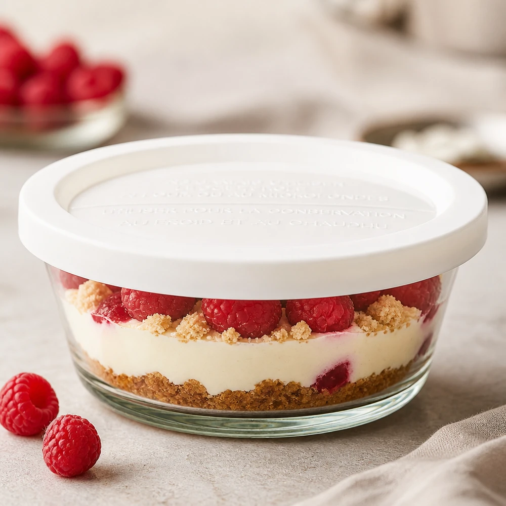 WECK RR120 Pot gourmand 300ml avec couvercle fraîcheur rempli de dessert à la framboise comme exemple de dessert stratifié
