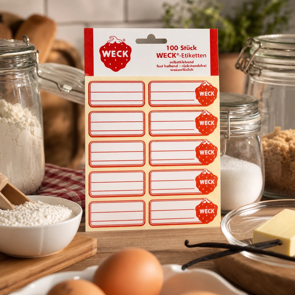 Étiquettes WECK 19 x 13 mm (paquet(s) de 100 pièces) WECK Étiquettes Paquet de 100 autocollants rouges dans la cuisine avec bocaux de stockage œufs beurre céréales ingrédients de cuisson