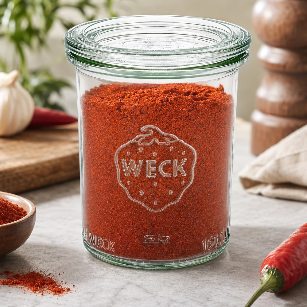 Bocal en verre de 160 ml avec couvercle en verre WECK RR60 WECK Pot renversé 160ml RR60 rempli de poudre de paprika rouge en cuisine avec chili, ail et moulin à épices