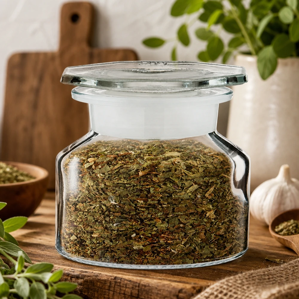 Pot à épices rustique de 50 ml contenant des herbes séchées, posé sur une surface en bois dans une ambiance de cuisine