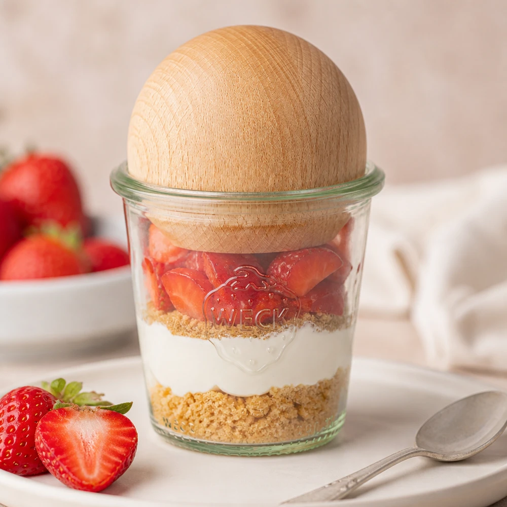 WECK Verre renversé 290ml RR80 Verre à dessert avec fond de biscuit fraise crème et bouchon boule de hêtre