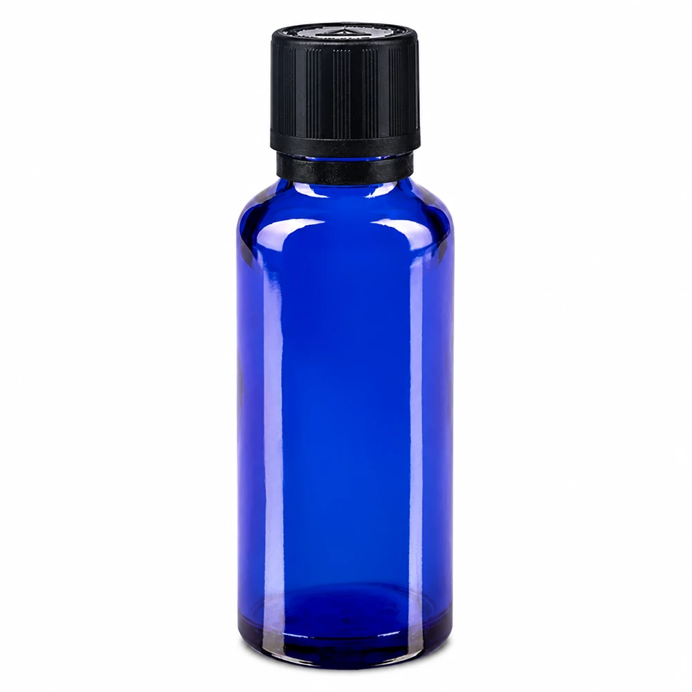 flacon à pharmacie bleu 30ml bouchon inviolable 1mm noir séc. enf. ada.a.ave. bouchon inviolabilité Flacon en verre bleu de 30 ml avec bouchon OV KiSi noir, pour gouttes et huiles essentielles