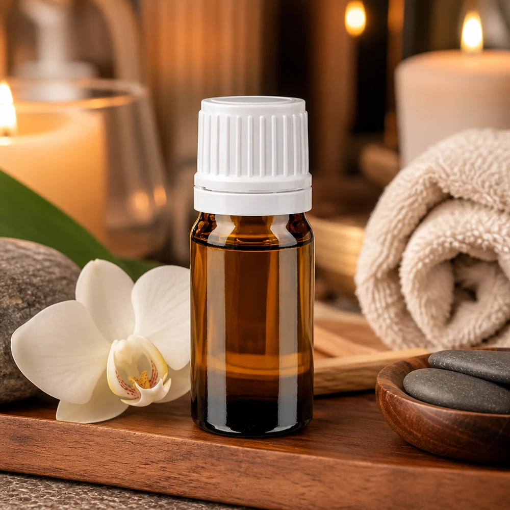 Flacon de pharmacie de 5 ml en verre ambré avec bouchon OV de 11 mm, destiné aux soins de bien-être, au spa et à l'aromathérapie