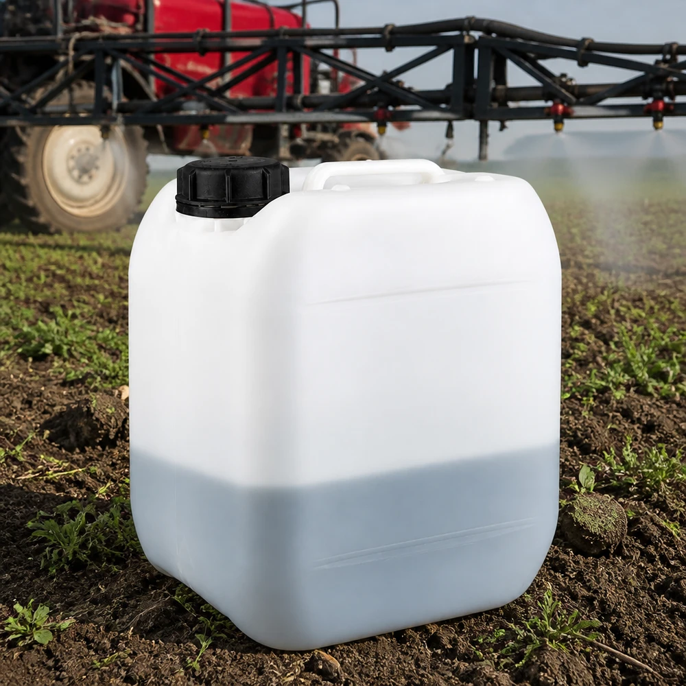 Jerrican de 5 litres avec bouchon à vis Bidon robuste de 5 litres en PE posé sur un champ, avec un pulvérisateur agricole en arrière-plan