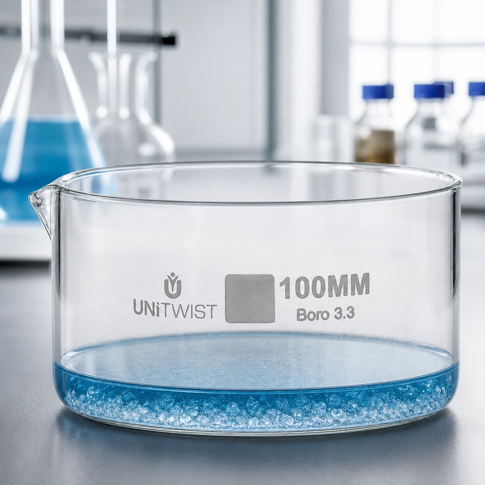 Coupelle de cristallisation en verre borosilicaté, diamètre 100 mm, avec bec verseur – UNiTWIST Matériel de laboratoire
