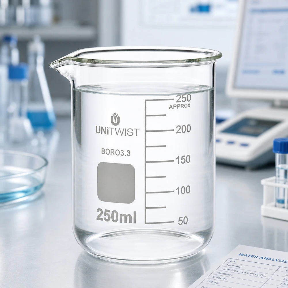 Bécher 250ml borosilicate, forme basse UNiTWIST Bécher en verre borosilicaté de 250 ml, de forme basse, à côté de tubes à essai et d'une boîte de Pétri dans un laboratoire