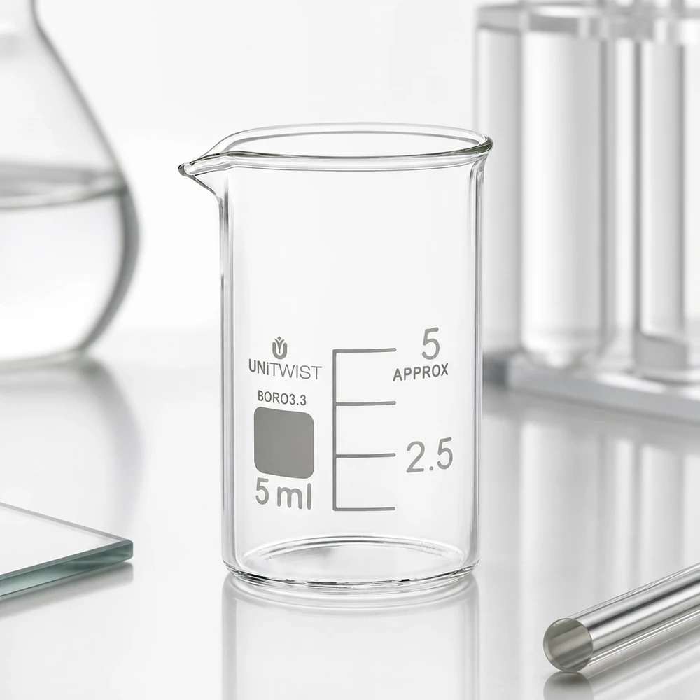 Bécher 5ml borosilicate, forme basse UNiTWIST Bécher de laboratoire de chimie en verre borosilicaté de 5 ml, de forme basse, avec une échelle graduée jusqu'à 5 ml et un repère à 2,5 ml