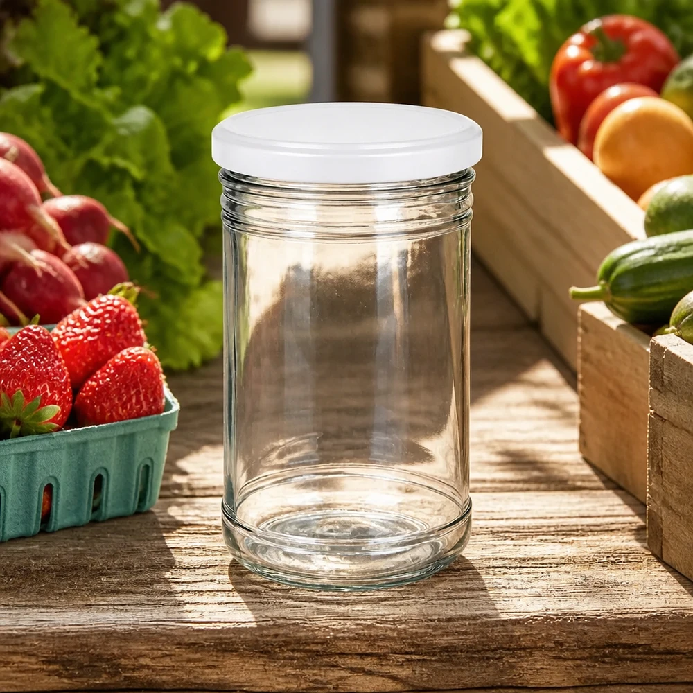 1053ml Verre conique avec couvercle BasicSeal blanc UNiTWIST 1053ml bocal vide sur table en bois avec des fruits et légumes frais montre l'environnement de cuisine idéal pour la préparation des repas et le stockage.