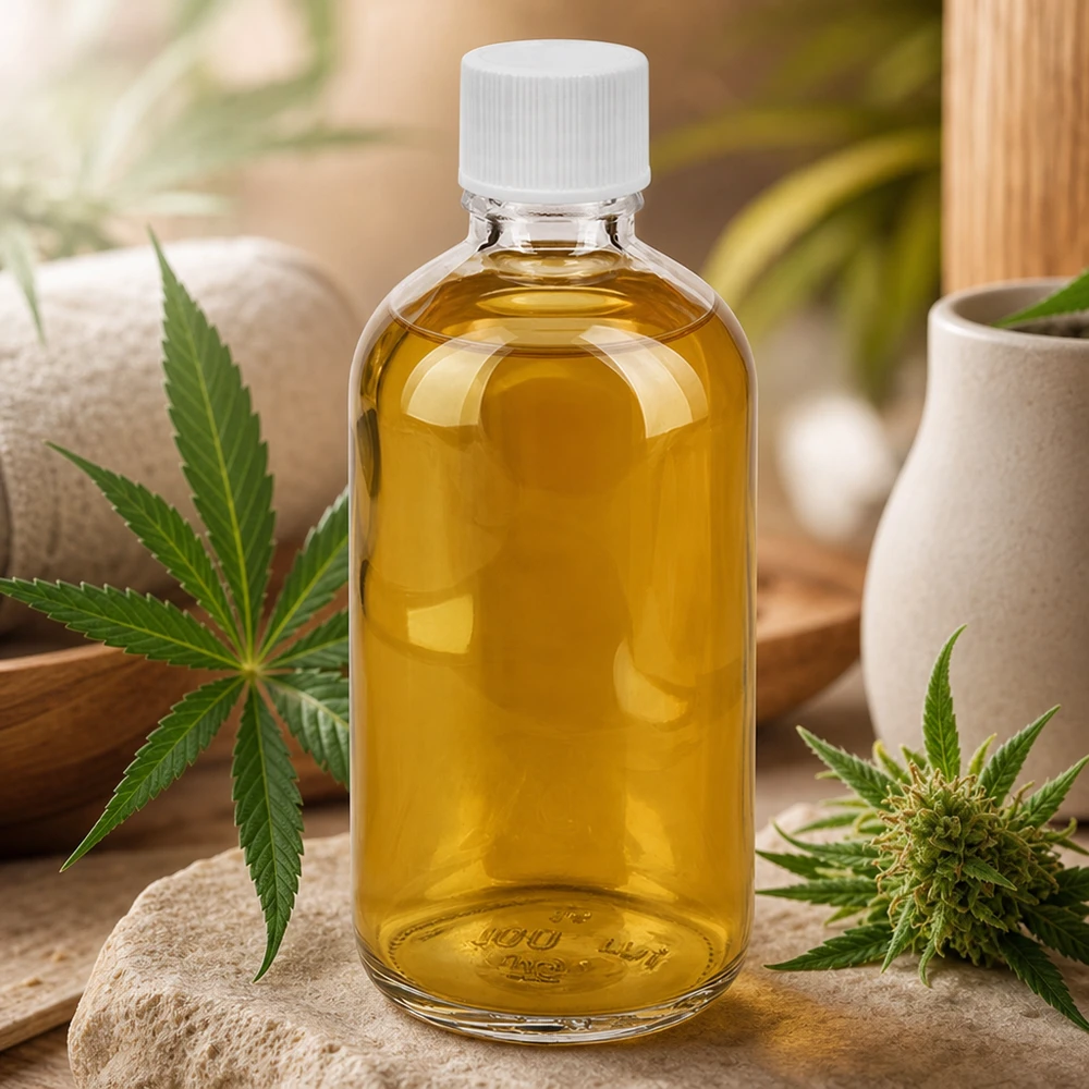 Huile de CBD dans un flacon en verre transparent de 100 ml muni d'un bouchon de sécurité blanc SV ClearLine de 11 mm