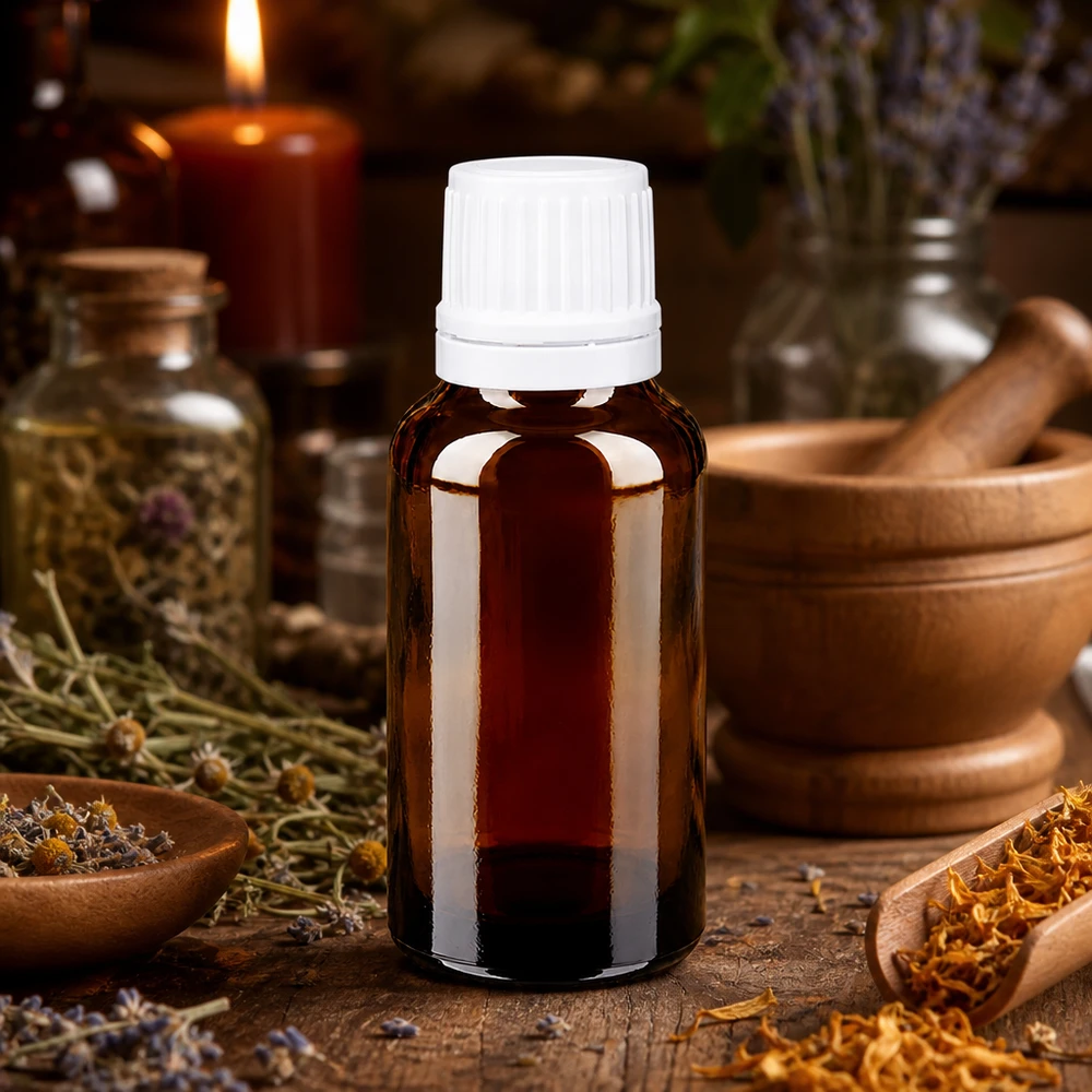 Flacon pharm. marron 20ml,bouchon vissable blanc,inviolabilité Flacon de pharmacie opaque de 20 ml, brun, avec bouchon OV blanc, destiné à la préparation de teintures