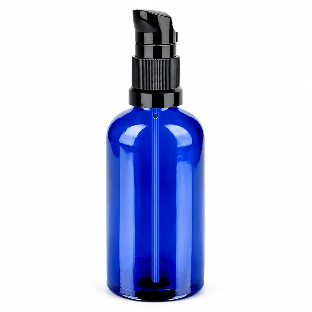 Flacon pompe 100ml noir STD BlueLine UT18/100 Flacon pompe en verre bleu de 100ml avec distributeur de pompe noir pour cosmétiques et produits de soin
