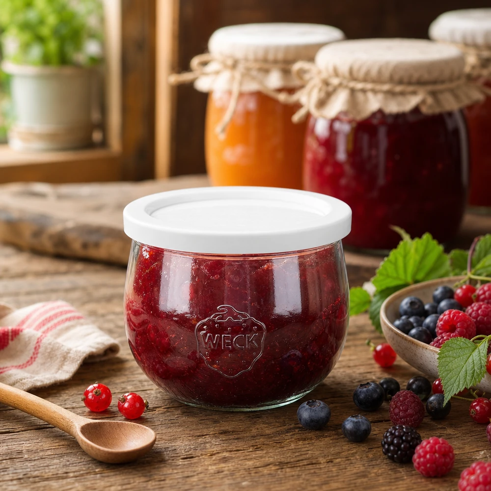 WECK Pot tulipe 580ml RR100 rempli de confiture de baies dans une cuisine rustique avec des fruits frais et des bocaux de conservation