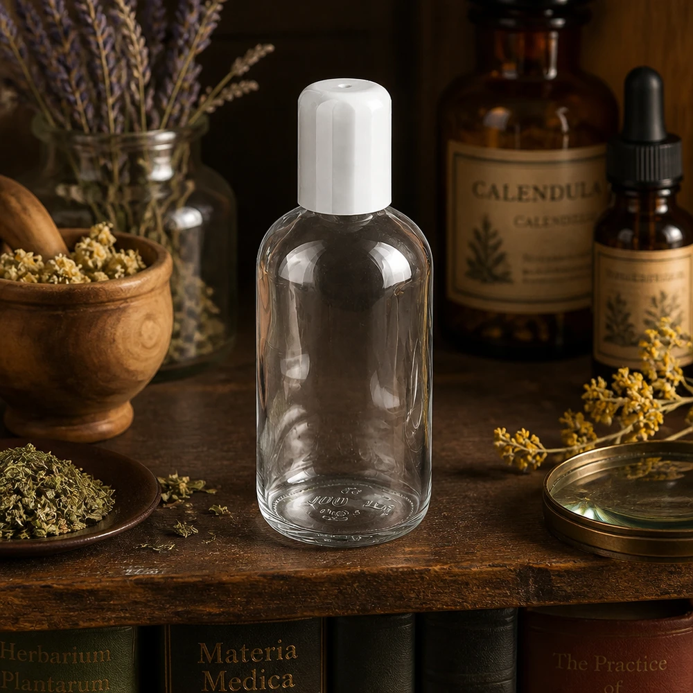 Flacon roll-on ClearLine UT18/100 blanc de 100 ml posé sur une table en bois avec des herbes et des plantes médicinales
