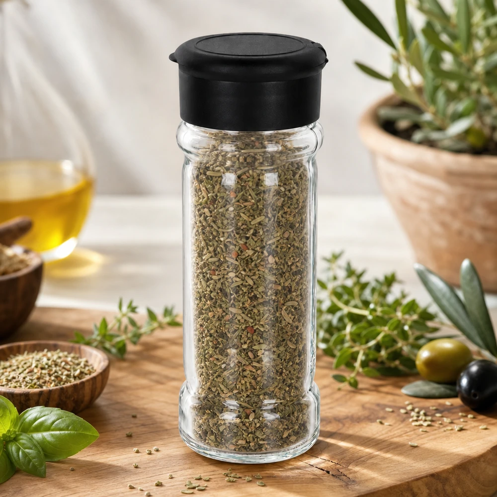 Pot à sel/épices 100 ml avec saupoudreuse, noir Salière en verre transparent de 100 ml contenant des herbes séchées, avec couvercle en plastique noir