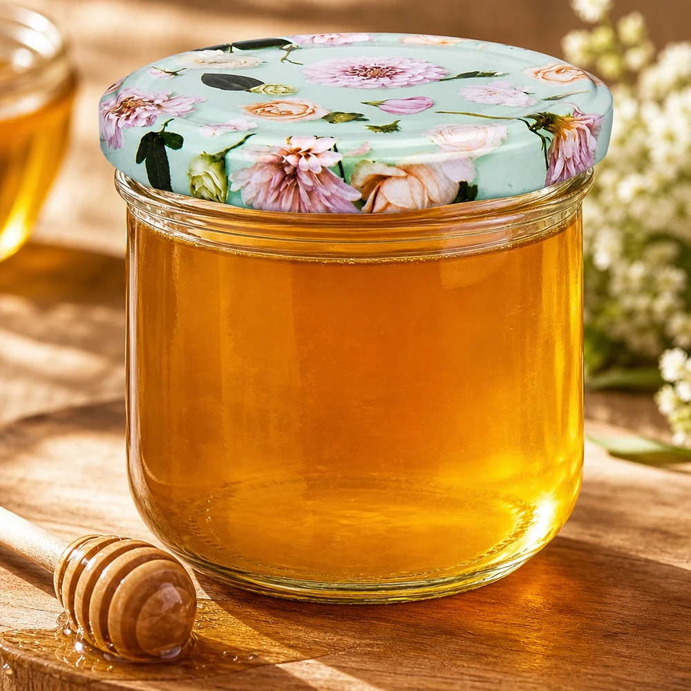 Verre renversé de 260 ml avec couvercle à fleurs BasicSeal menthe rempli de miel doré, cuillère à miel en bois à côté