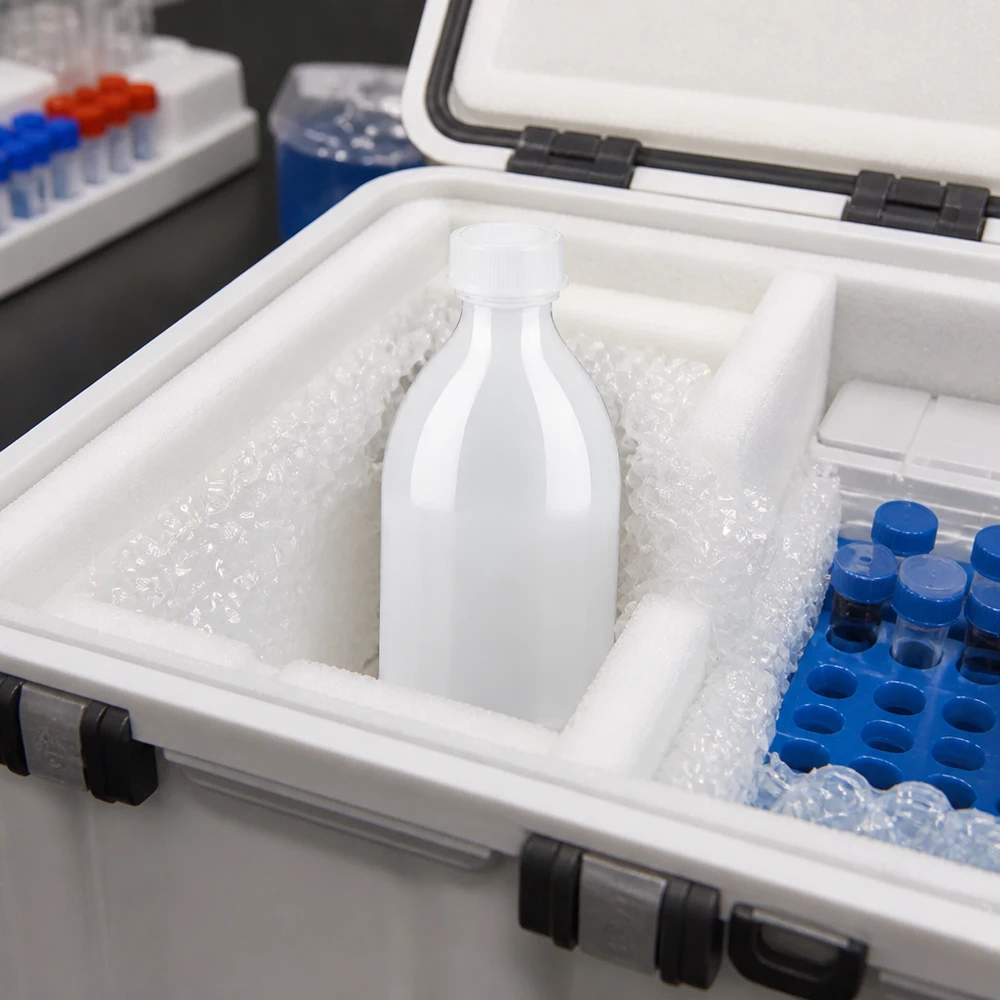 Flacon de laboratoire à col étroit de 250 ml dans un conteneur cryogénique professionnel destiné à la conservation à basse température d'échantillons biologiques