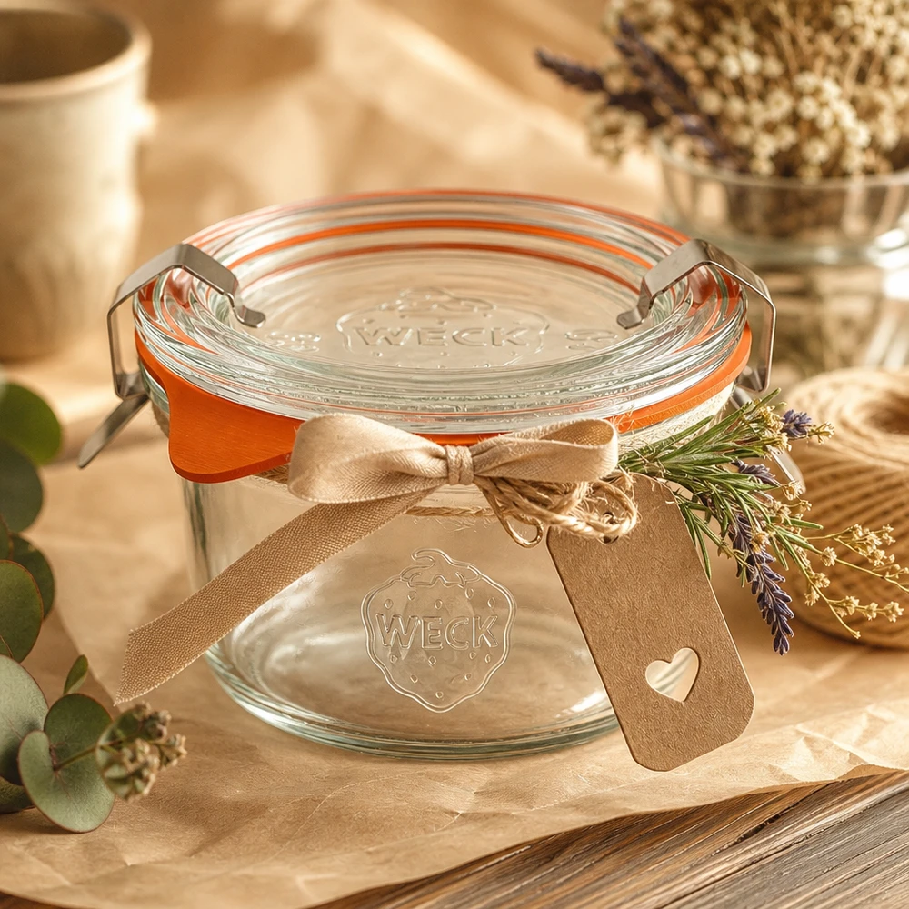 WECK 50ml verre renversé RR60 arrangé de manière décorative avec un ruban et de la lavande comme idée de cadeau sur une table en bois rustique
