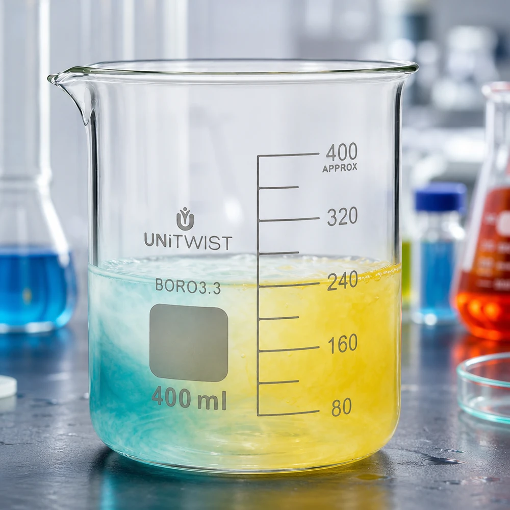 Beker 400ml borosilicaat, lage vorm UNiTWIST Verre à bec de forme basse, 400 ml, en borosilicate, avec réaction de mélange visible entre deux liquides