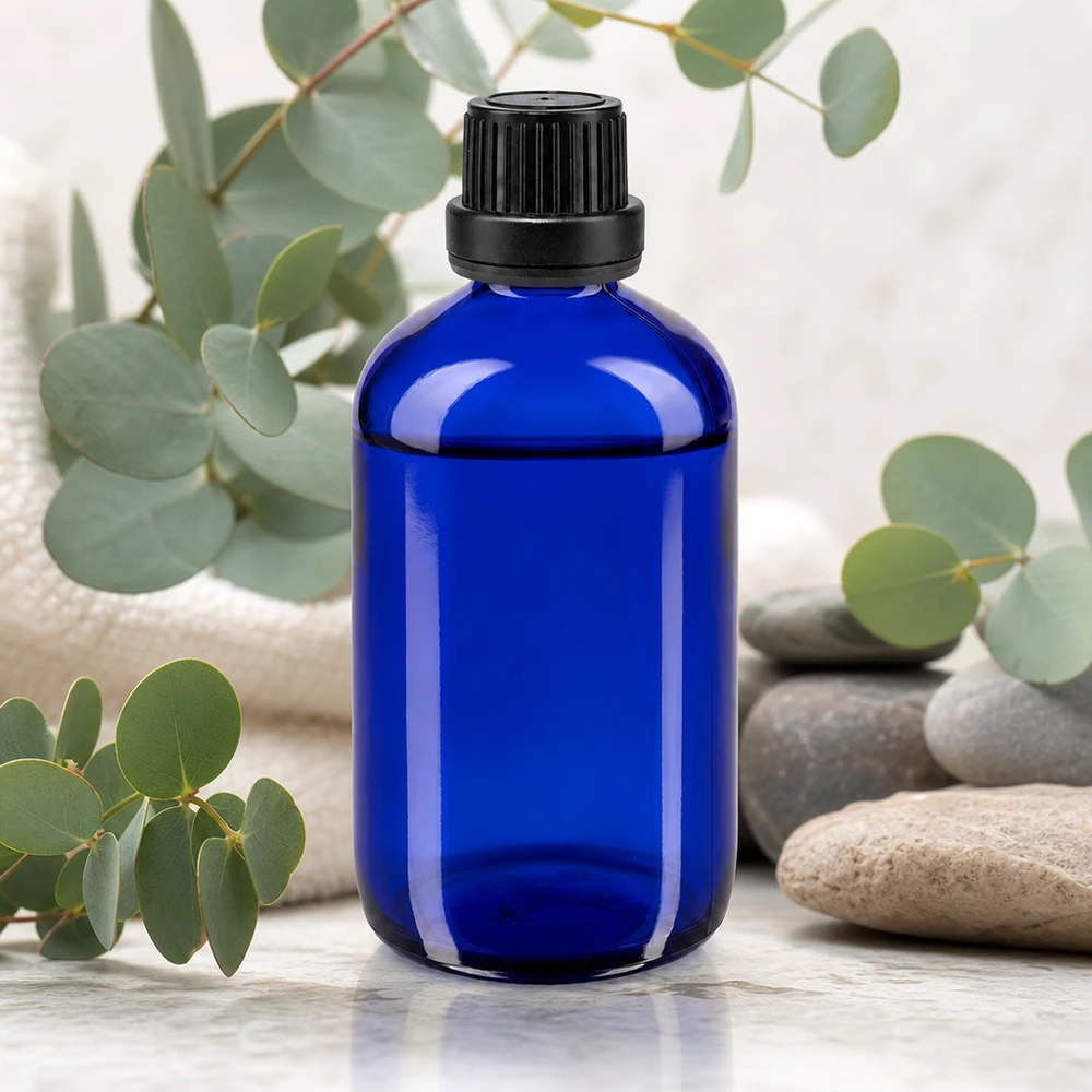Flacon en verre bleu cobalt de 100 ml avec bouchon de sécurité, destiné aux cosmétiques naturels et à l'aromathérapie