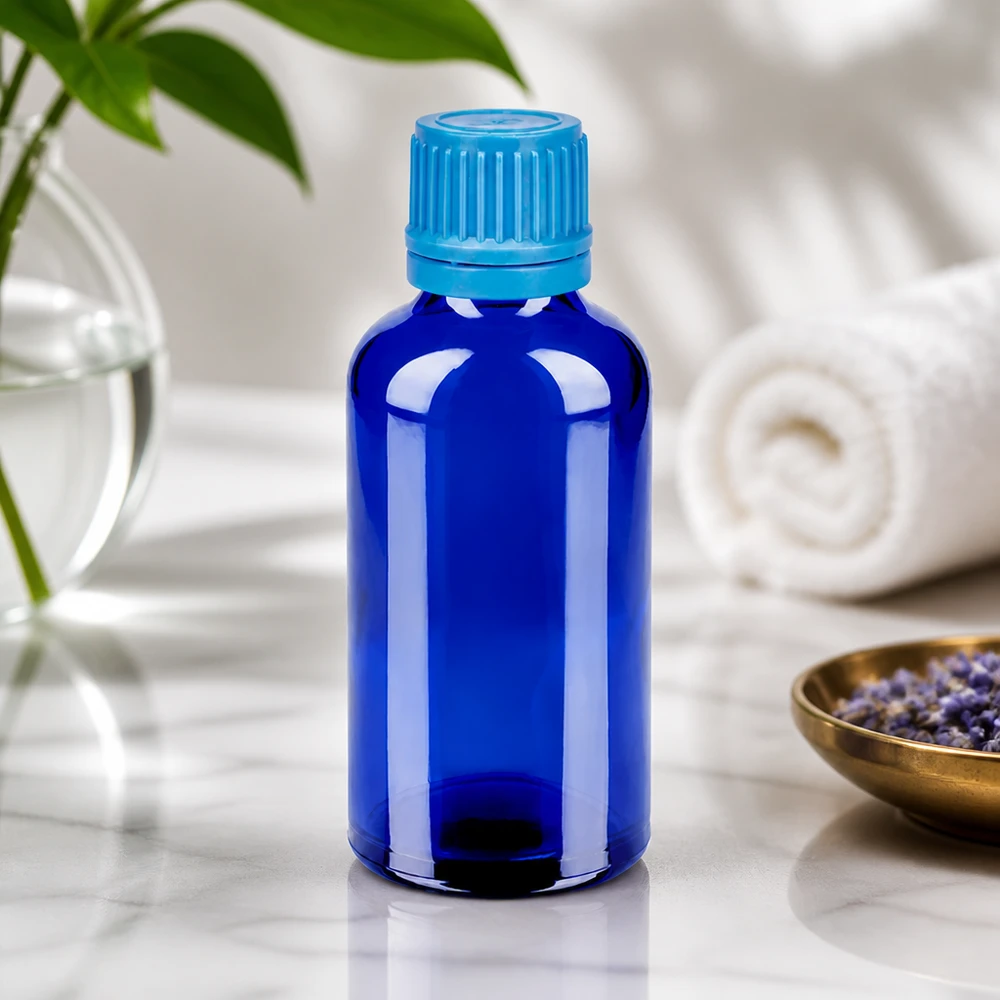 Flacon 50ml 11mm SV bleu OV BlueLine UT18/50 Bouteille de précision de 50 ml en verre bleu résistant aux UV pour les produits cosmétiques et médicaux