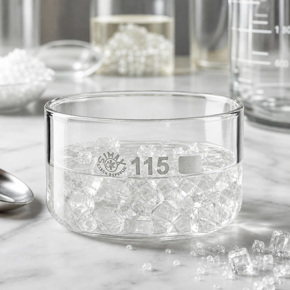 Coupelle de cristallisation en verre borosilicaté, diamètre 115 mm, contenant des cristaux de sel transparents, sans bec verseur
