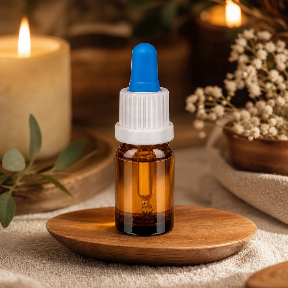 Flacon à pipette 5ml blanc/bleu OV BrownLine UT18/5 Élégant flacon-pipette de 5 ml en verre brun chaud avec bouchon à vis blanc élégant et compte-gouttes bleu