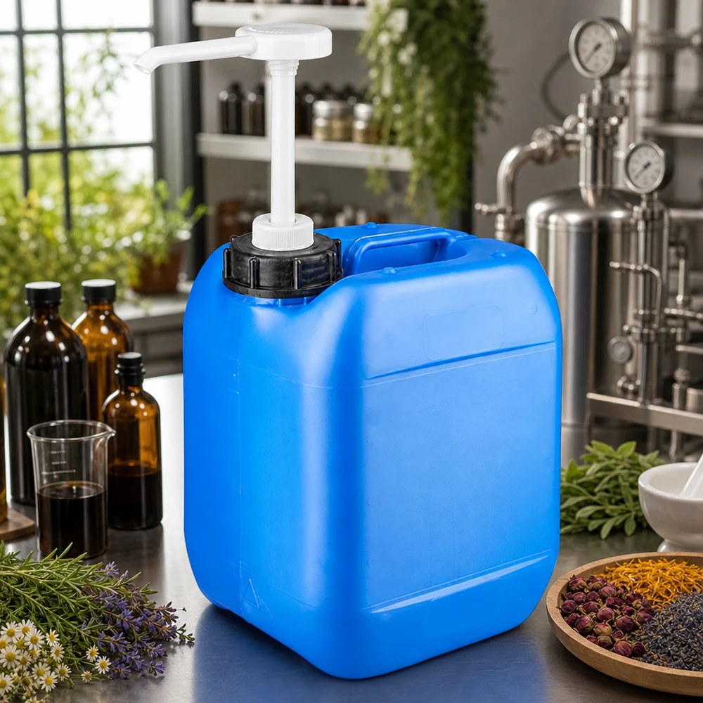 Bidon en PEHD de 5 L, bleu, avec bouchon à vis et pompe, utilisé dans la fabrication de cosmétiques naturels