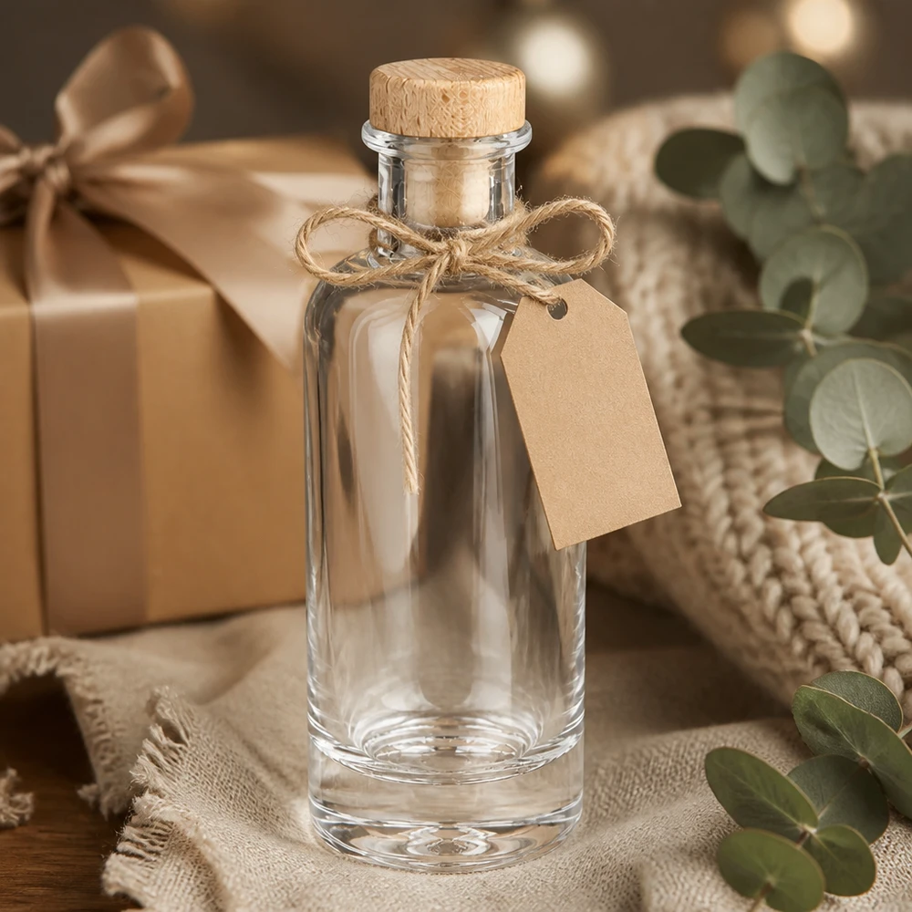 Bouteille Ella » avec bouchon en bois UNiTen verre 200 ml « WIST® 200ml Glasflasche Ella leer mit Holzkorken und Geschenkanhänger dekorativ arrangiert mit Eukalyptus und Geschenkbox