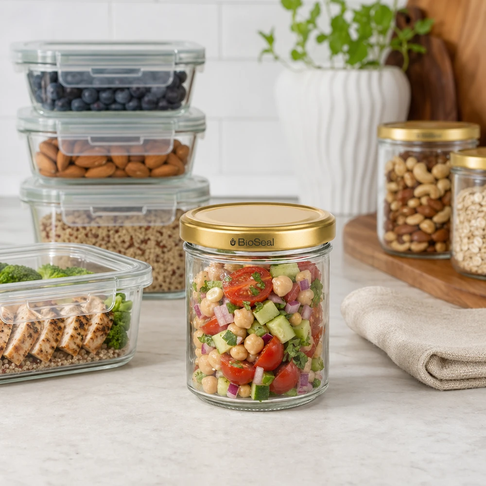 BioSeal pot de 200g avec couvercle doré rempli de salade de pois chiches dans une cuisine organisée avec des récipients de stockage