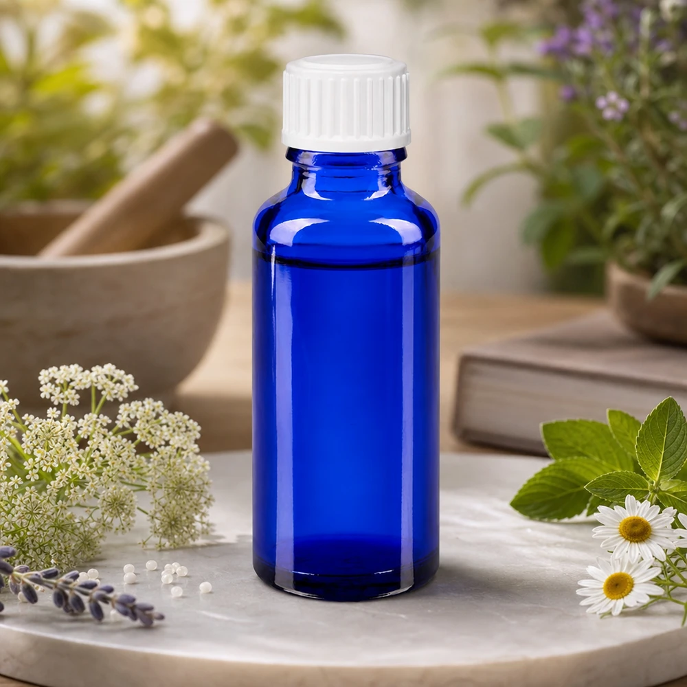 Flacon bleu cobalt de 30 ml avec bouchon à vis blanc, posé sur un fond marbré aux motifs de camomille et de lavande
