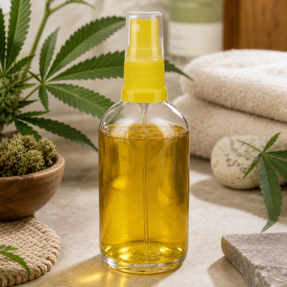 Flacon pulvérisateur jaune ClearLine UT18 de 100 ml, rempli d'huile de cannabis, posé sur une pierre naturelle