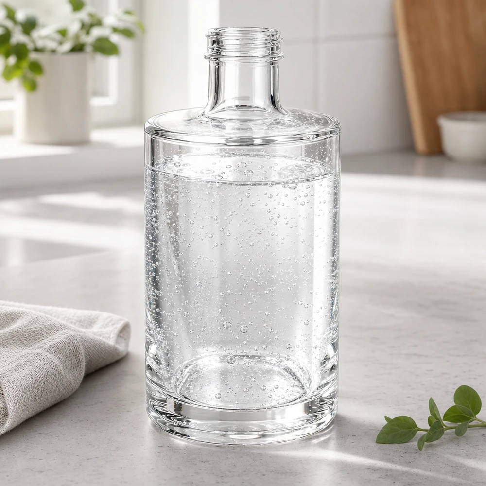 Bouteille de verre Sam de 375 ml remplie d'eau gazeuse sur un plan de travail de cuisine clair avec un torchon de cuisine et une plante