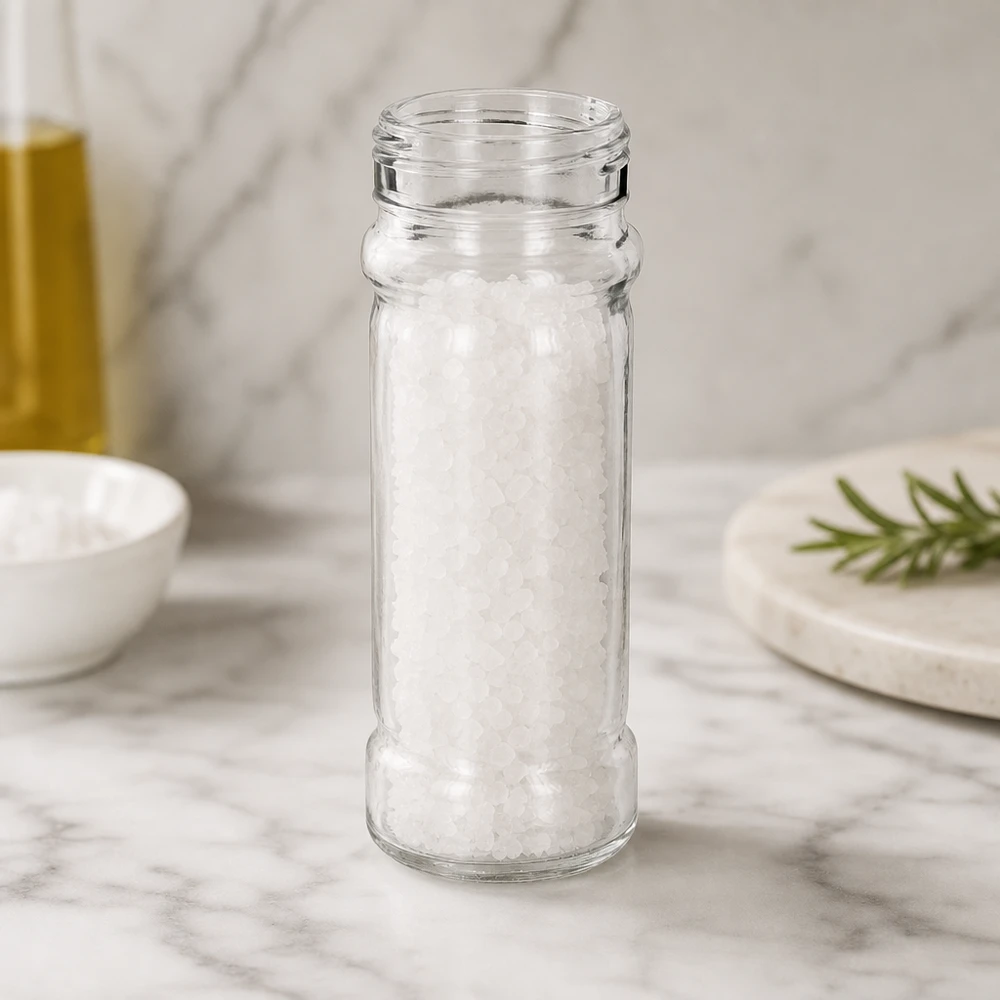 Verre transparent cylindrique « Mary » de 41 mm, fileté, orné de cristaux de sel, dans un décor de cuisine moderne