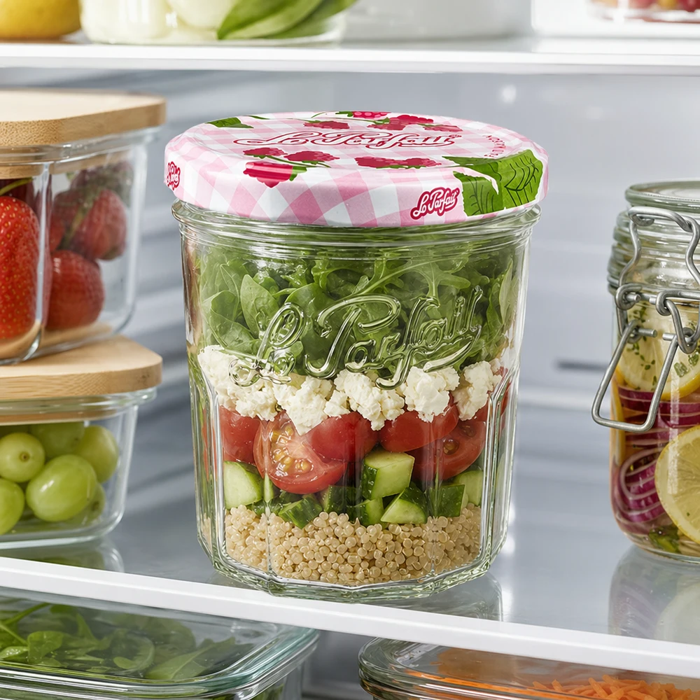 324ml Le Parfait pot renversé avec salade en couches dans le réfrigérateur montre l'utilisation pratique Meal-Prep du pot de conserve
