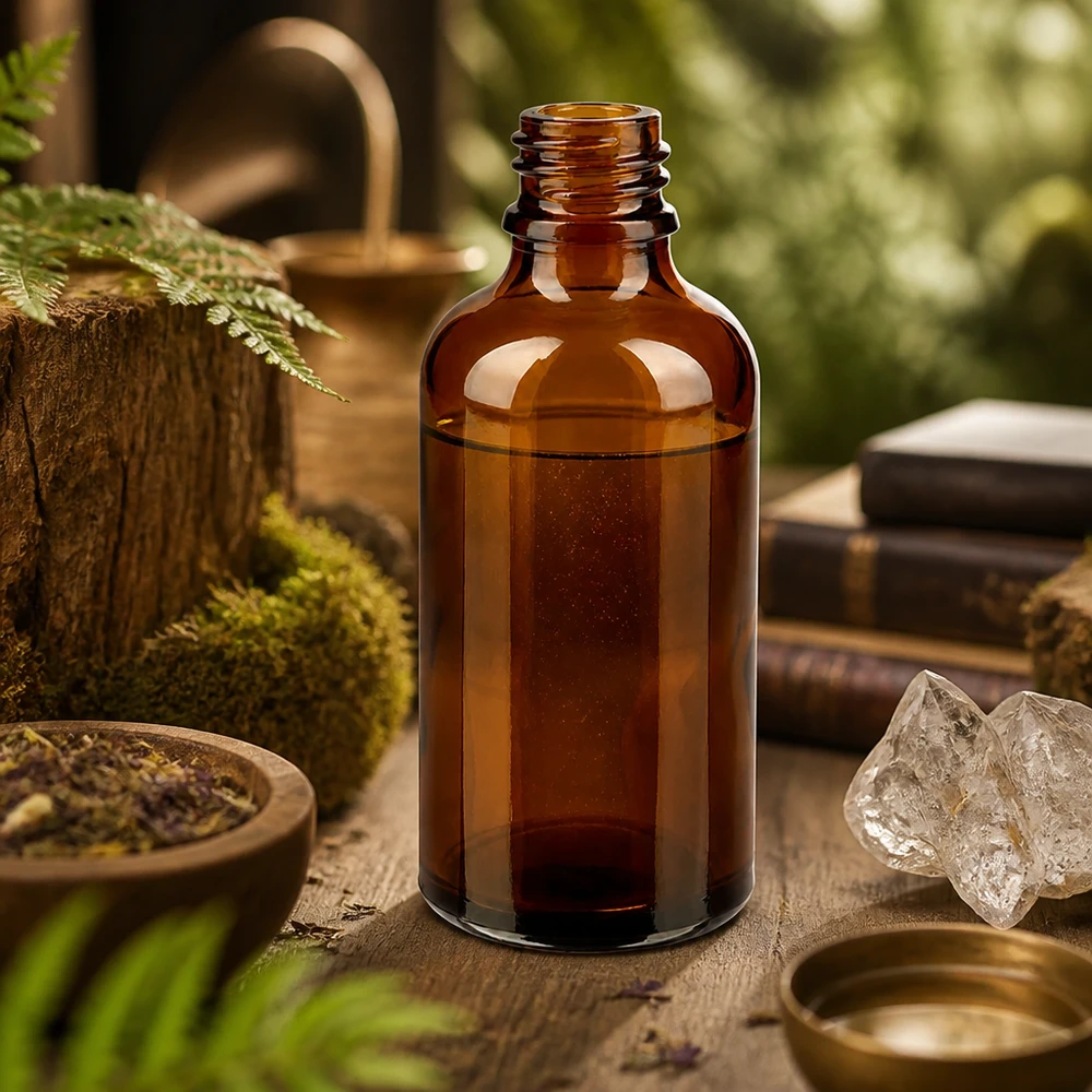 Flacon compte-gouttes pharmaceutique 50 ml DIN18 - verre brun Bouteille de pharmacie ApoGlas brune de 50 ml contenant un extrait d'herbes naturelles entre des cristaux de mousse et des livres anciens