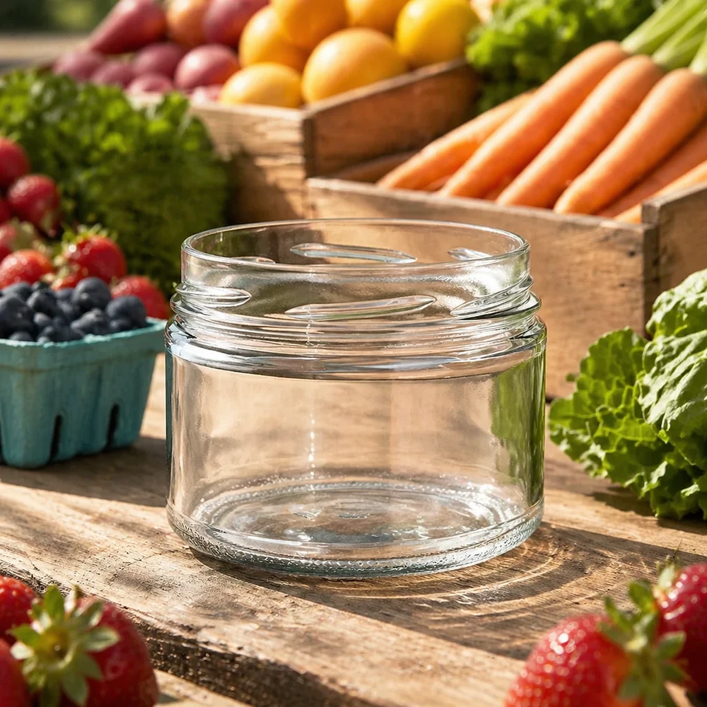 Verre ronda540 vide UNiTWIST 540ml TO100 sur table en bois avec fruits et légumes frais en arrière-plan
