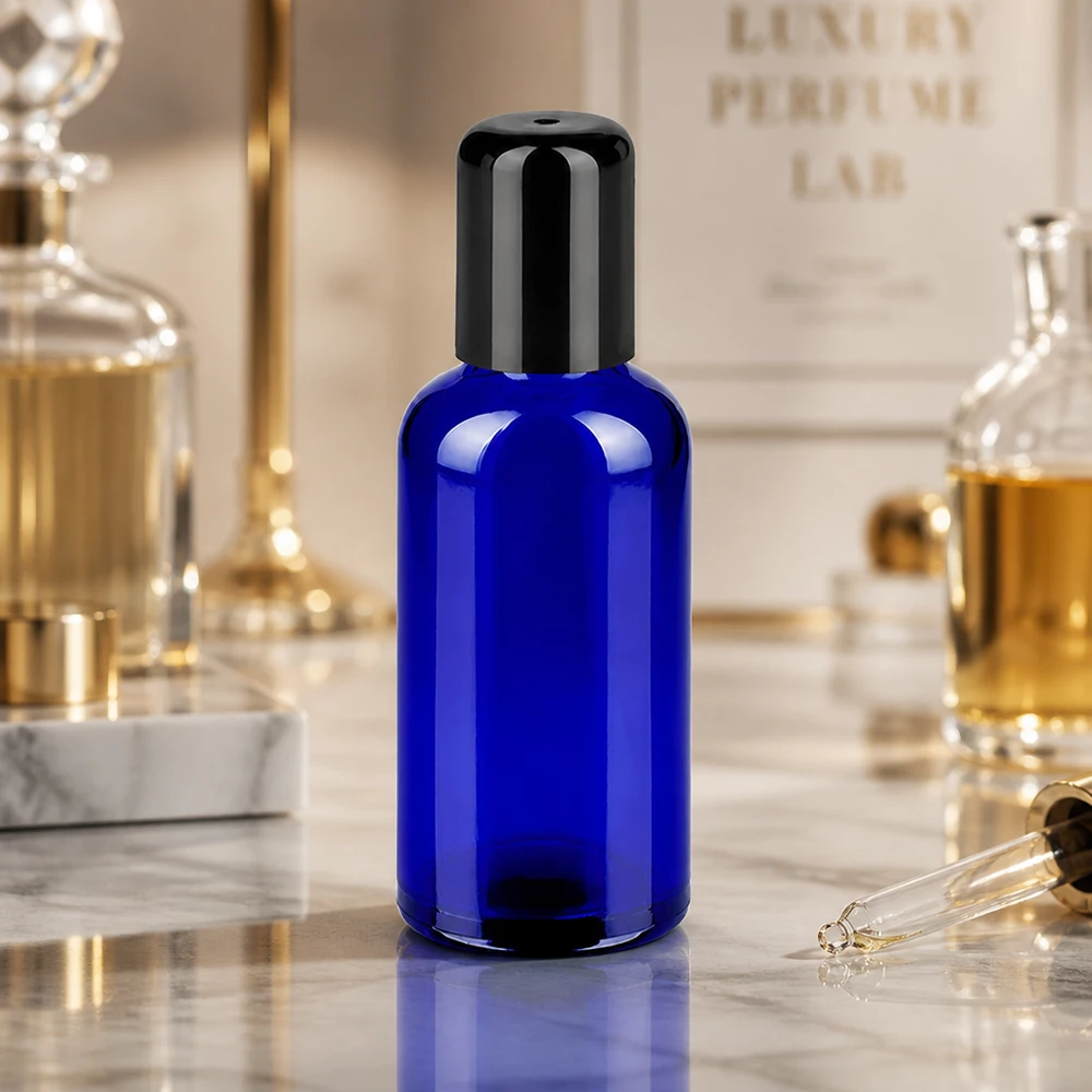 Flacon Roll-On 50ml noir STD BlueLine UT18/50 Flacon en verre bleu 50ml Roll-On STD BlueLine UT18/50 Protection UV pour les ingrédients sensibles à la lumière