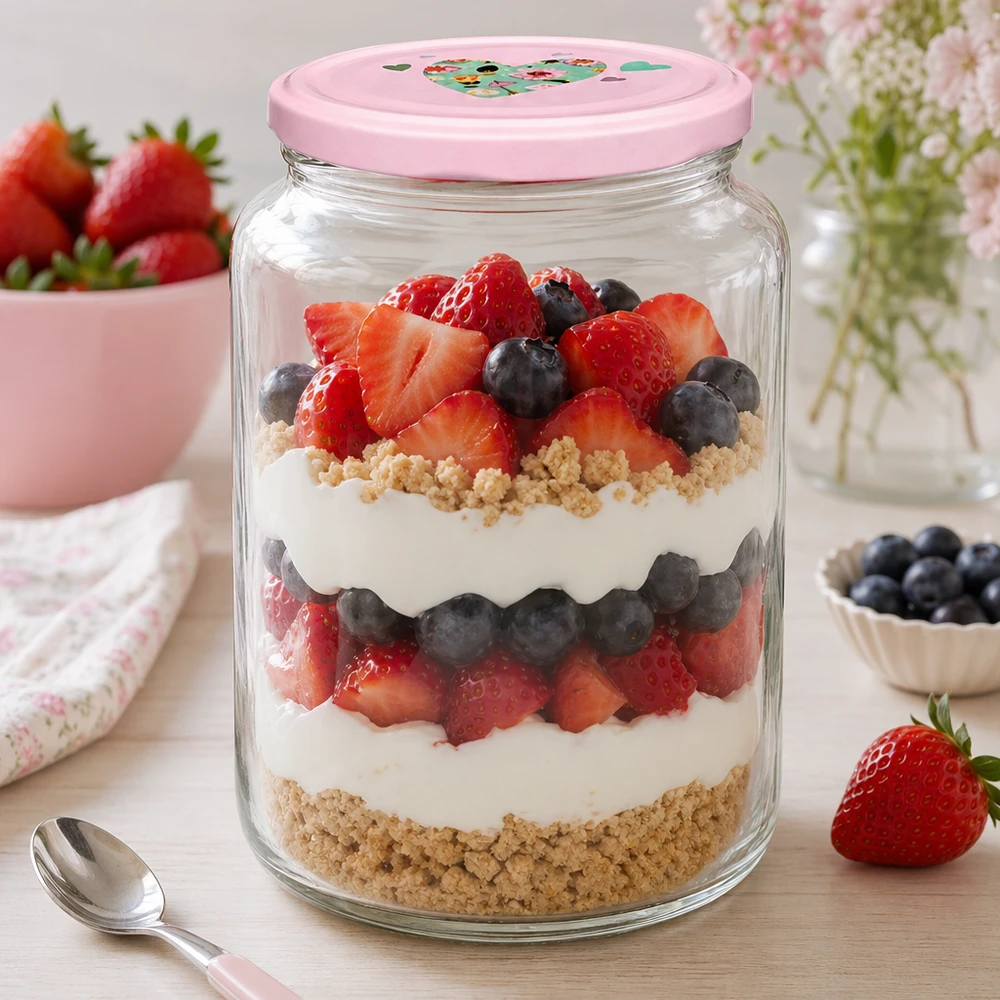 Pot rond 795 ml + couvercle BasicSeal rose cur UNiTWIST Rundglas 795ml mit rosa Herzdeckel gefüllt mit Beeren-Schichtdessert Parfait Anwendungsbeispiel für Desserts und Süßspei