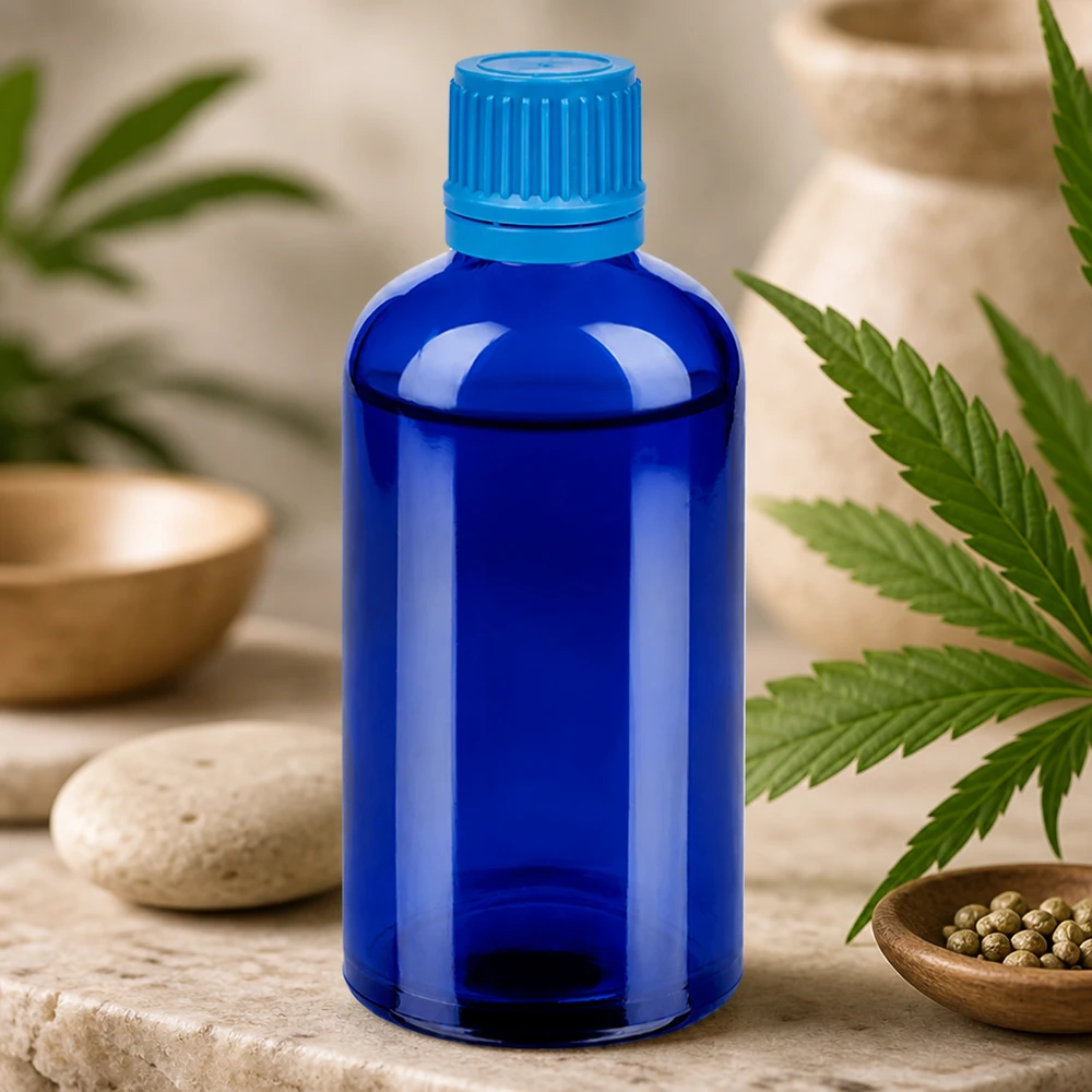 Flacon 100ml 11mm SV bleu OV BlueLine UT18/100 Bouteille médicale en verre bleu cobalt de 100 ml avec bouchon à vis de 11 mm à l'épreuve des enfants