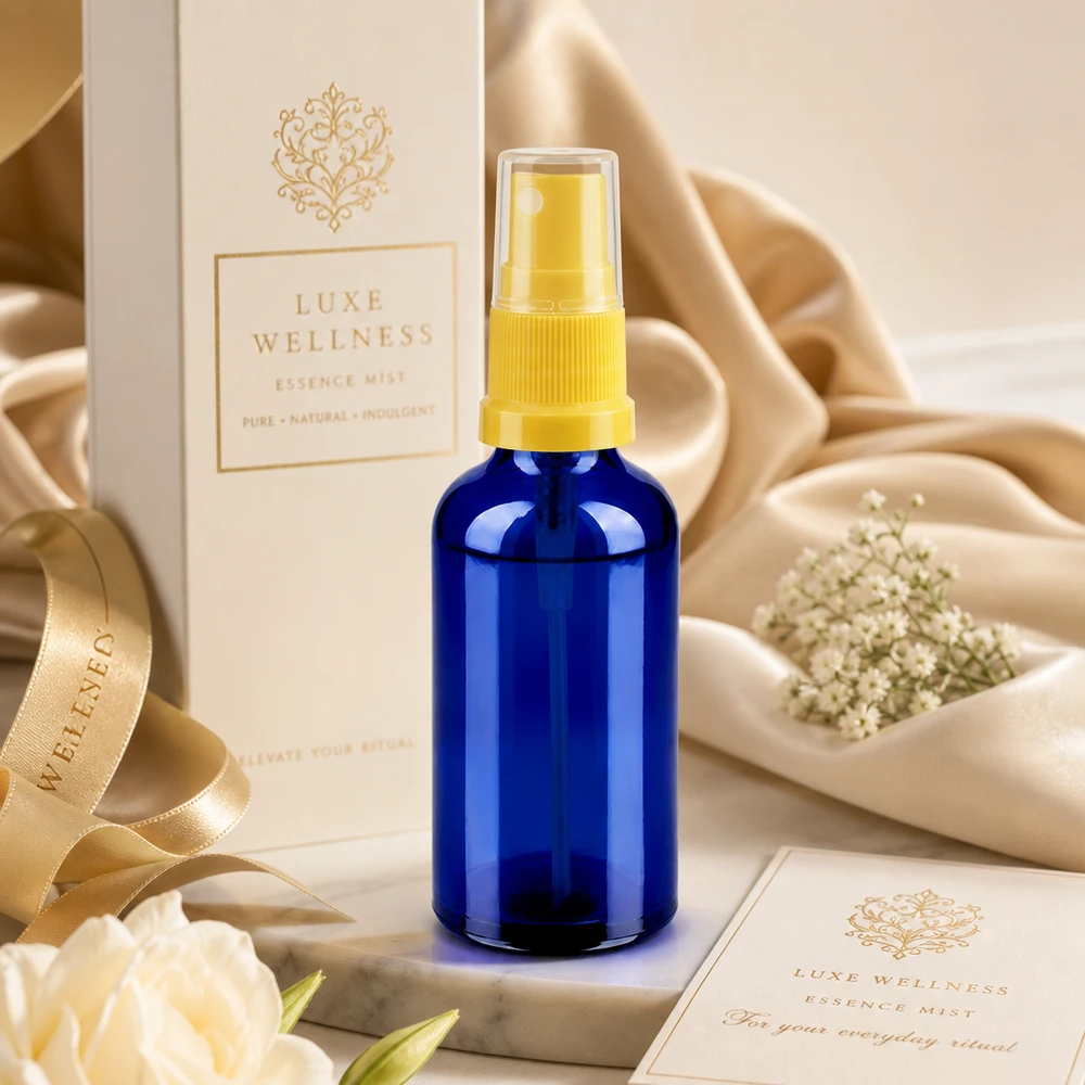 Vaporisateur 50ml jaune/tr. STD BlueLine UT18/50 Elégant vaporisateur bleu 50ml avec tête de vaporisation dorée pour les cosmétiques et les créations de parfum de luxe