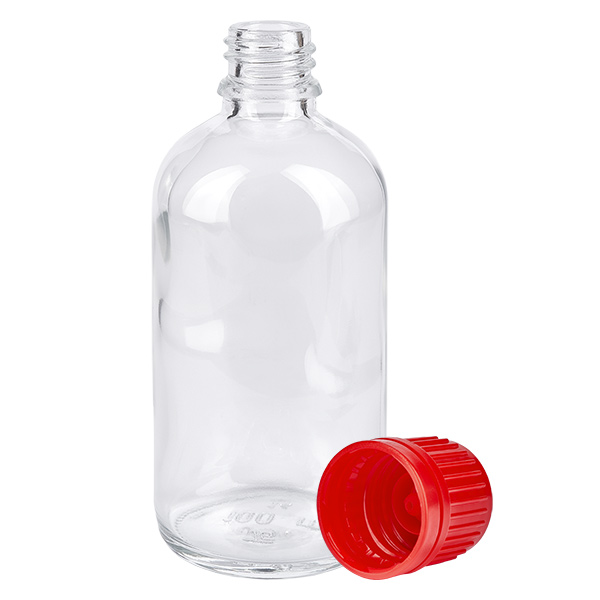 Flacon 100ml 11mm SV rouge OV ClearLine UT18/100 Flacon en verre ClearLine UT18 de 100 ml avec bouchon de sécurité enfant rouge de 11 mm, ouvert
